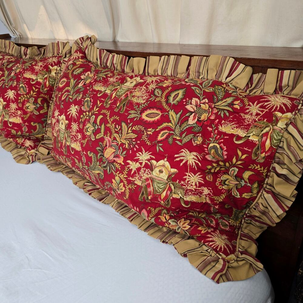 2 Custom King Tropical Jacobean Jungle Elephants Palm Trees Fabric Pillow Shams
